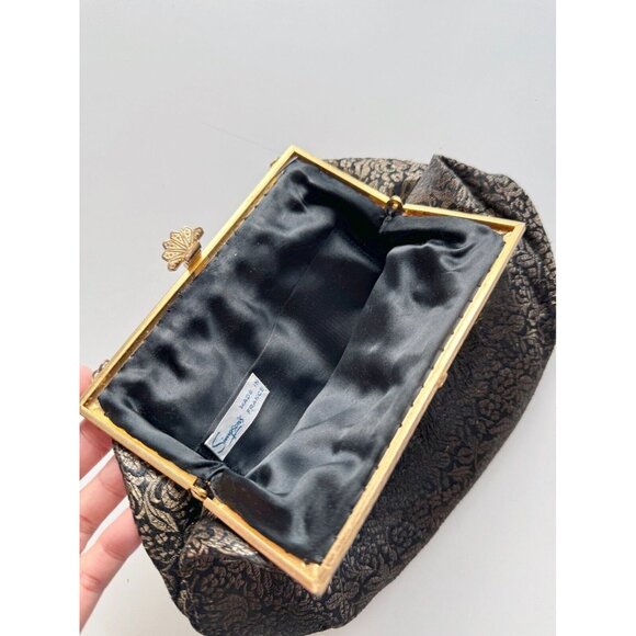 Vintage SIMPSON'S Black Gold Brocade Kiss Loss Evening Purse Bag - Picture 6 of 9